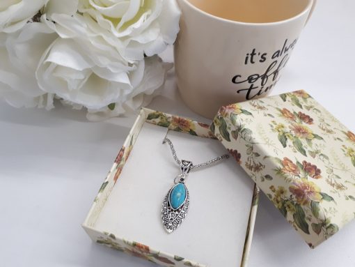 Love and protection dogeared necklace. Teardrop Silver Turquoise Necklace – Leaf Turquoise Pendant – Turquoise Chain Necklace