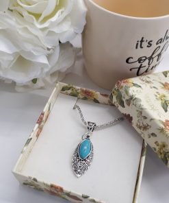 Love and protection dogeared necklace. Teardrop Silver Turquoise Necklace – Leaf Turquoise Pendant – Turquoise Chain Necklace