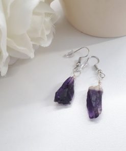 Crystal for wealth and luck. Raw Amethyst Earrings – Rough Gemstone Earrings with Amethyst Crystal – Purple Drop Dangle Earrings