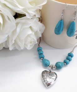 Mother protection necklace, Oval Dangle Turquoise Earrings for Women. Heart Silver Turquoise Set – Teardrop Silver Turquoise Earrings