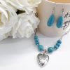Mother protection necklace, Oval Dangle Turquoise Earrings for Women. Heart Silver Turquoise Set – Teardrop Silver Turquoise Earrings