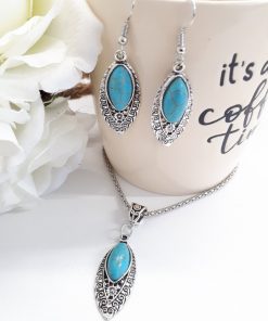 love and protection dogeared necklace, Oval Teardrop pendant and earrings Turquoise Set. Oval Teardrop Turquoise Set – Teardrop Oval Silver Turquoise Earrings – Turquoise Pendant Necklace