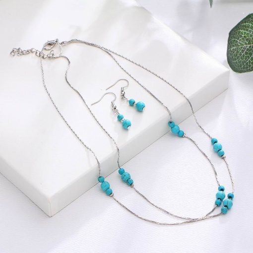 Crystal for calming anxiety, crystal for calming emotions. Turquoise Layered Necklace Set – Turquoise silver Multi Strand Necklace and earrings.