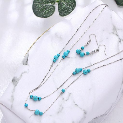 Crystal for calming anxiety, crystal for calming emotions. Turquoise Layered Necklace Set – Turquoise silver Multi Strand Necklace and earrings.